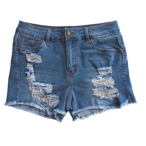 Snapdragon Distressed Ripped Frayed Hem Denim Shortie Jean Shorts M Blue Pockets